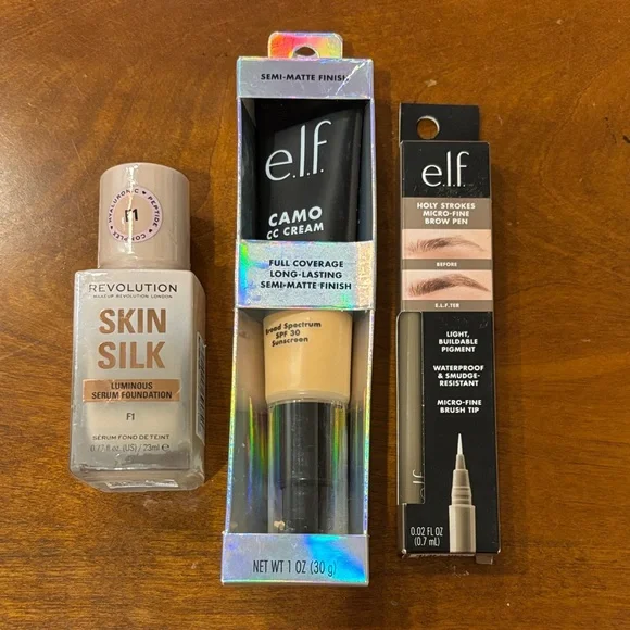 Makeup Revolution Skin Silk Foundation, E.L.F CC Cream & Brow Pen Lot of 3 - Picture 1 of 13